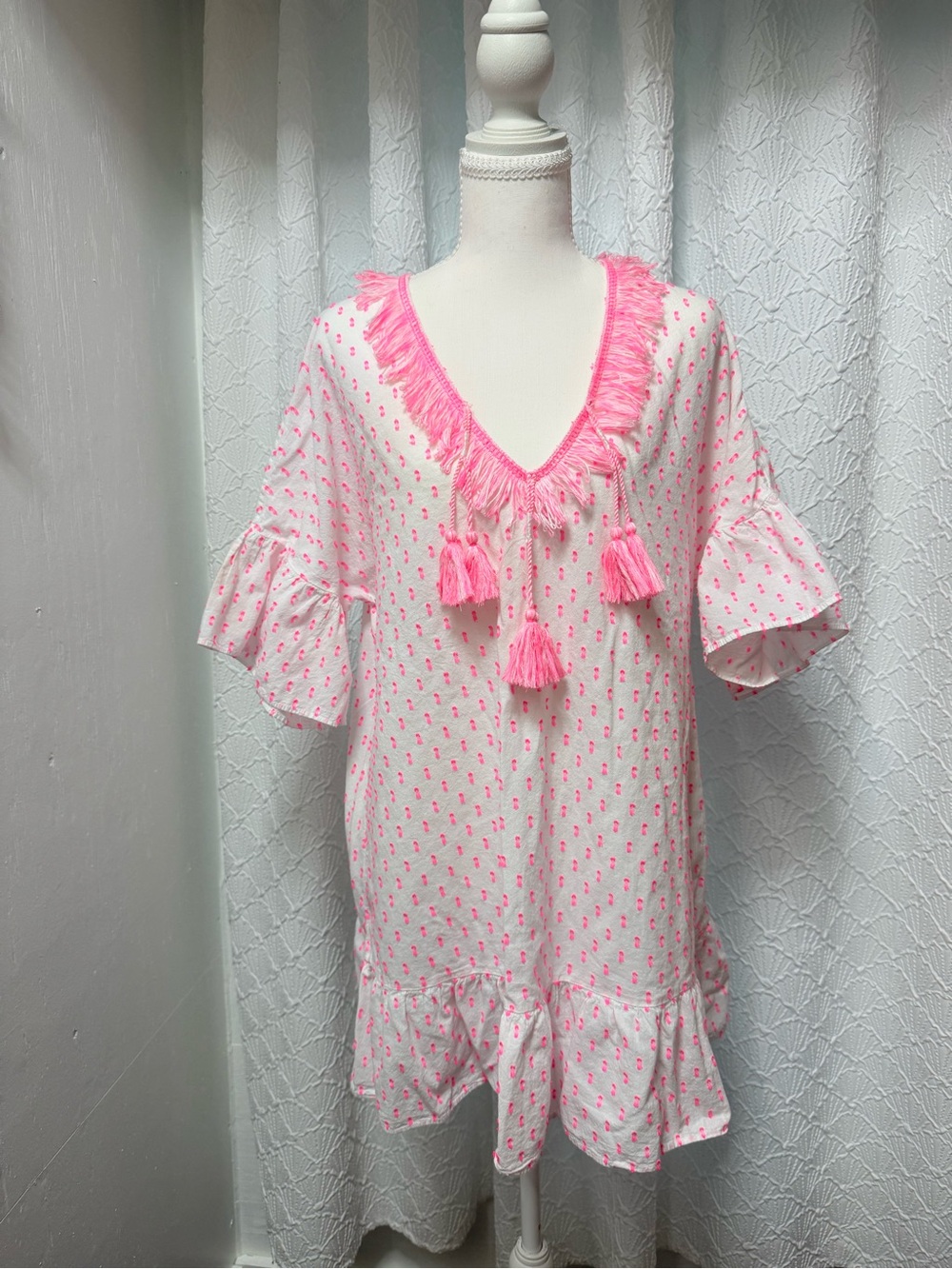 Lilly Pulitzer Cream Tunic with Bright Pink Embroidered Dots